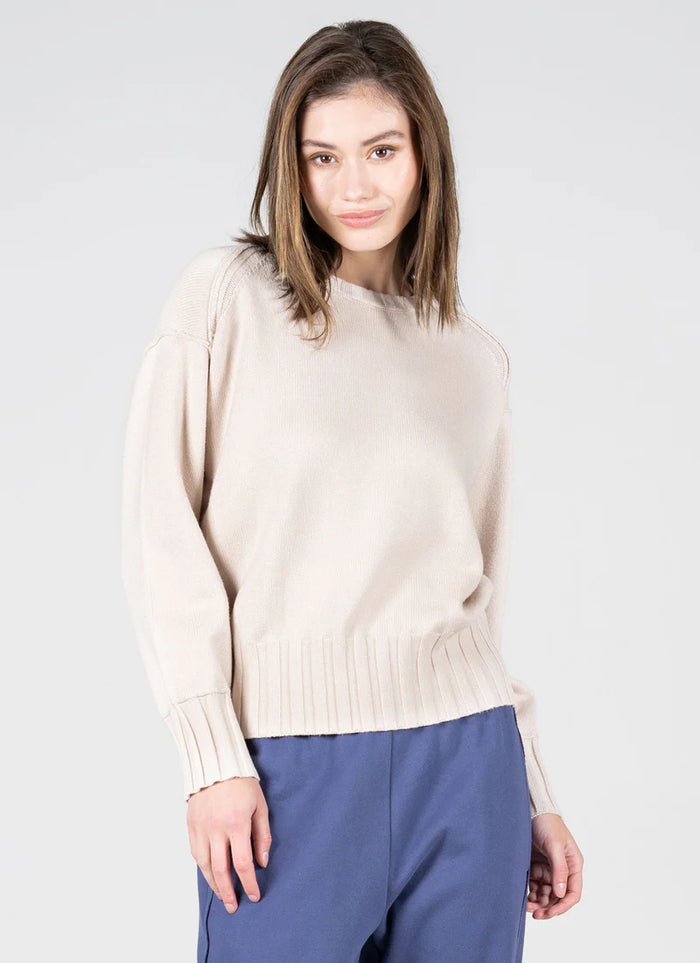 Viscose Blend Knit Rib Detail Crew Neck Sweater