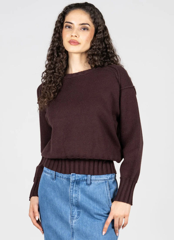 Viscose Blend Knit Rib Detail Crew Neck Sweater