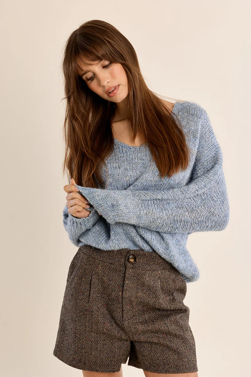 MOLLY BRACKEN V-Neck knitted Sweater - Denim Blue