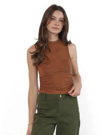 Ronan Mock Neck Ruched Knit Tank - Brown