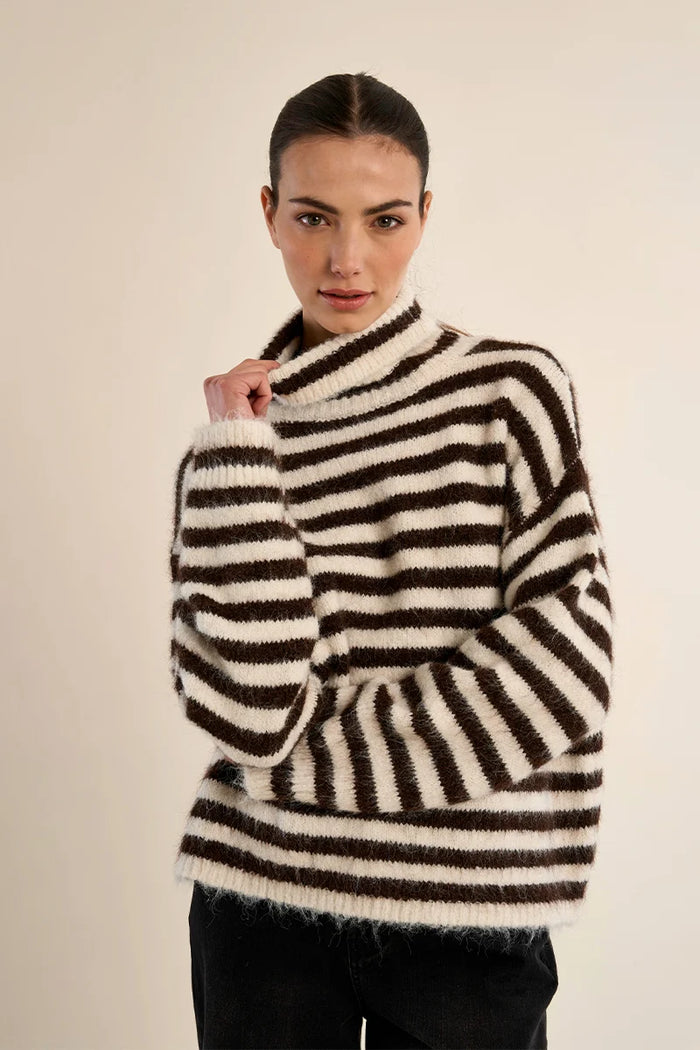 MOLLY BRACKEN - Stripped Turtle Neck - White & Brown