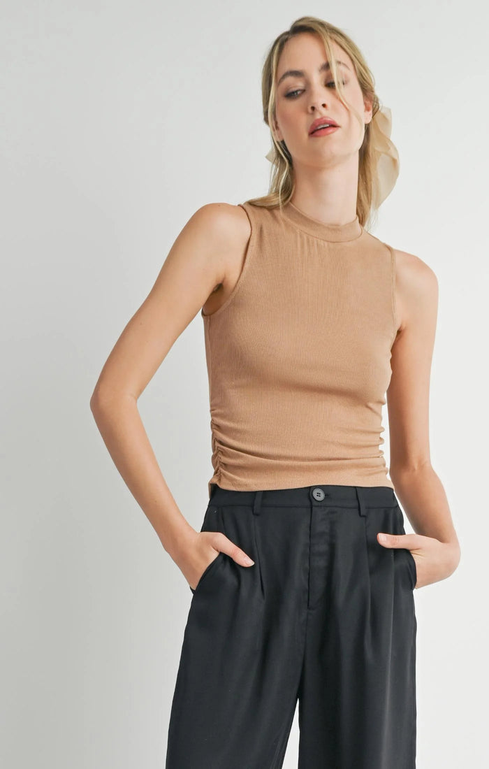 SADIE & SAGE Ronan Mock Neck Ruched Knit Tank - Oak