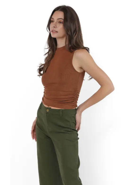 Ronan Mock Neck Ruched Knit Tank - Brown