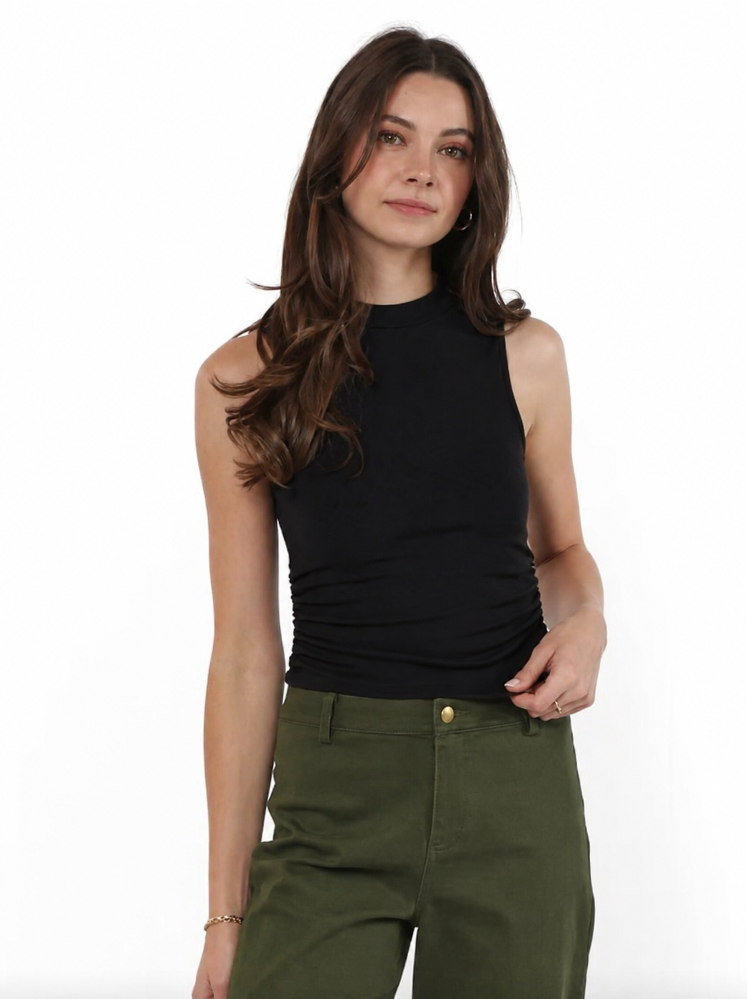 SADIE & SAGE Ronan Mock Neck Ruched Knit Tank - Black