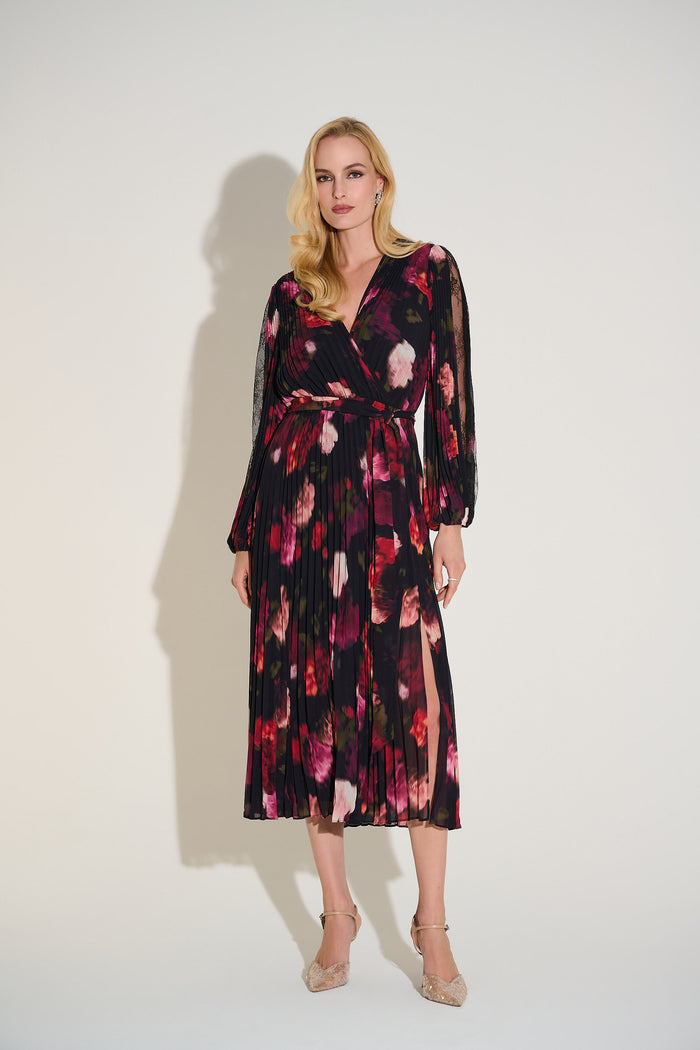 Pleated Chiffon Floral Fit & Flare Dress