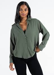 Cotton Linen Blend Button Down Blouse - Green