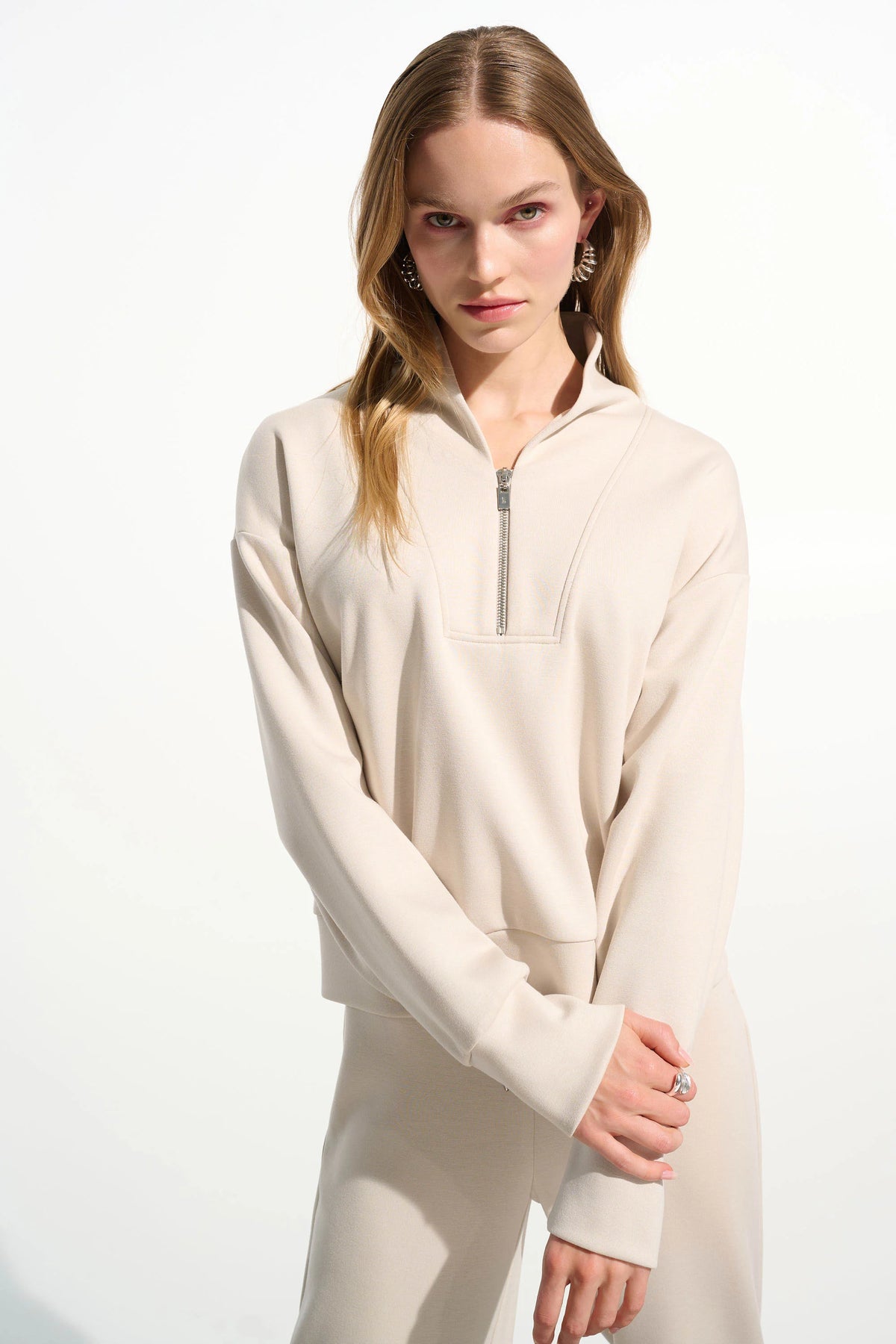 JOSEPH RIBKOFF Scuba Jersey Boxy Sweatshirt With High Collar and Front Zipper