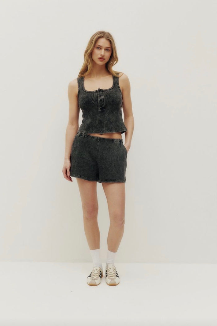 KUWALLA Serena Waffle Henley - Washed Black