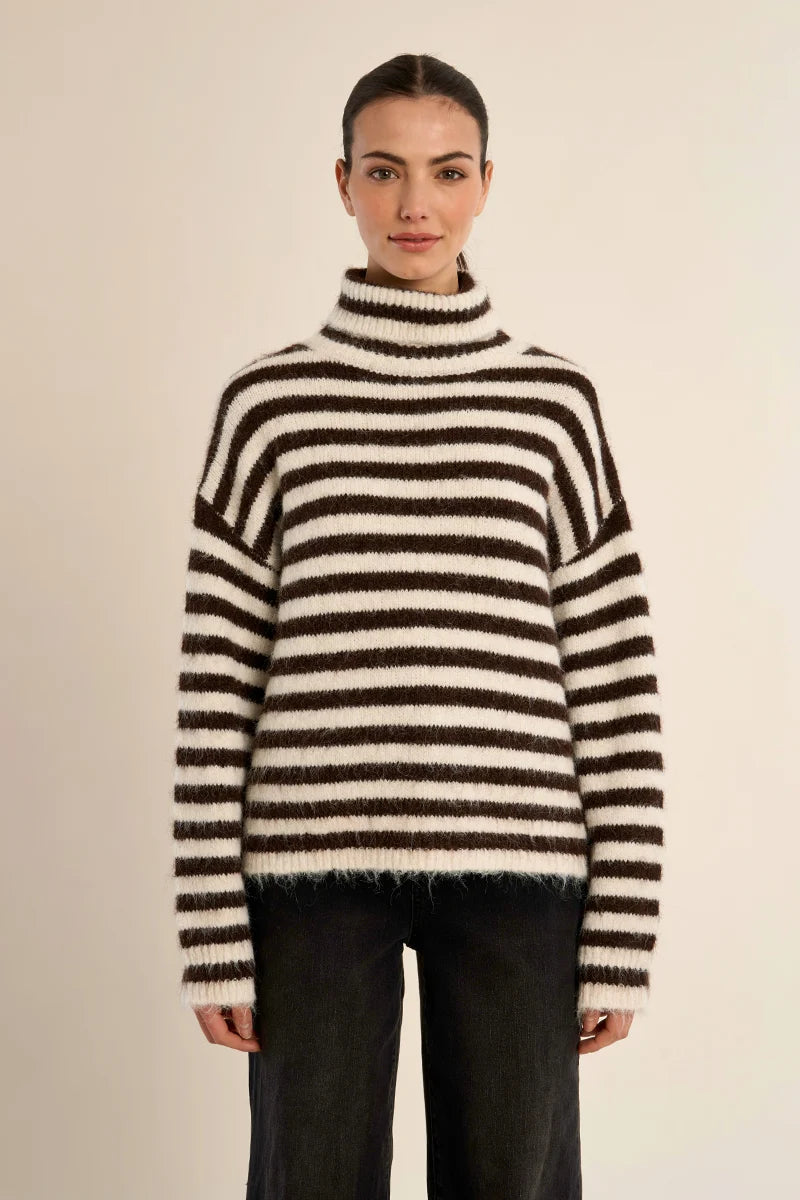 MOLLY BRACKEN - Stripped Turtle Neck - White & Brown