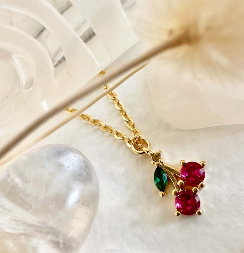 Pomona Tiny Rhinestone Cherry Charm Necklace