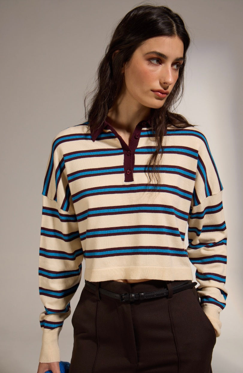DELUC - Elbrus Stripped Polo Sweater - Stripped Ecru