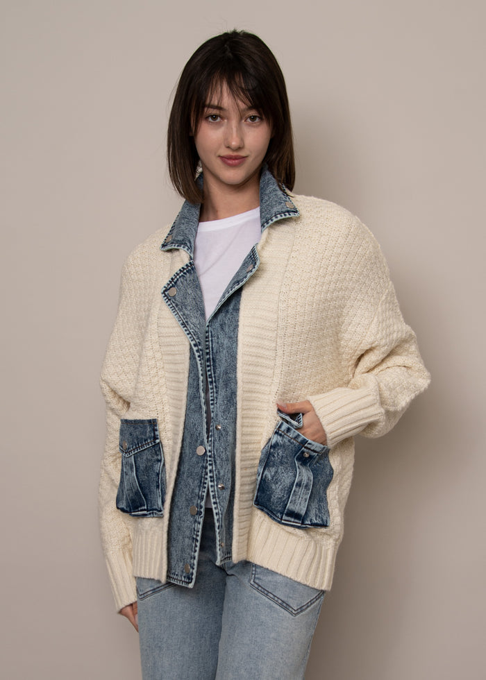 RD STYLE Monet Long Sleeve Shawl Neck Denim Combo Cardigan