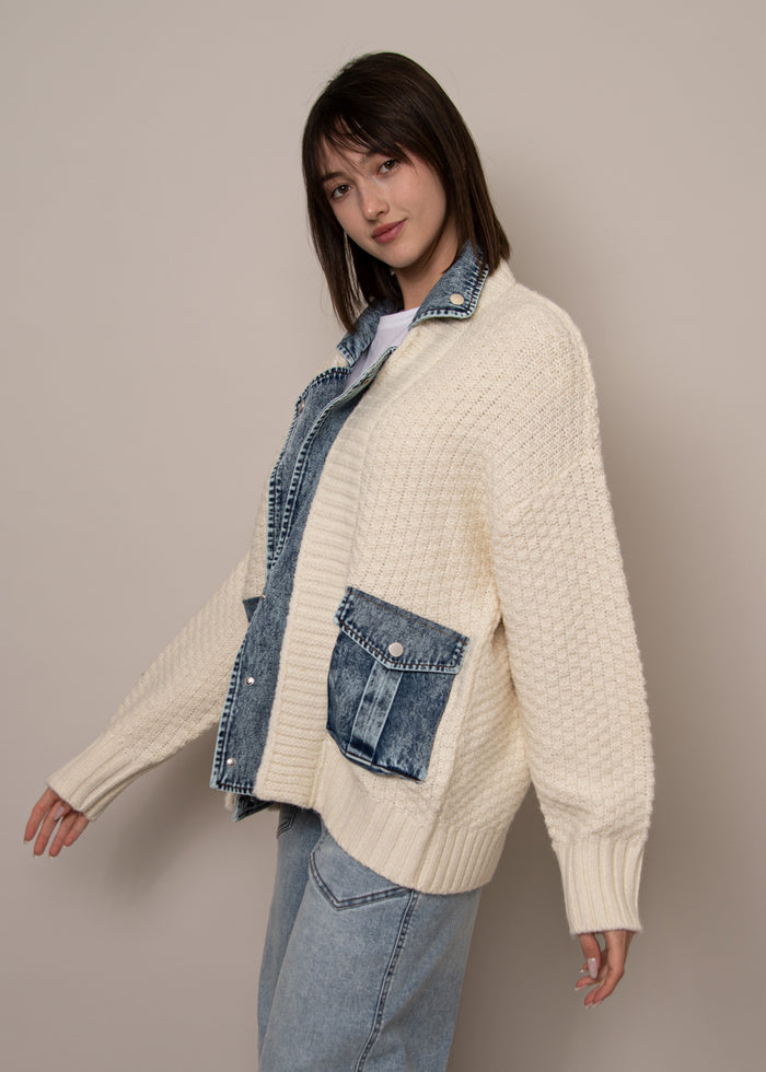 RD STYLE Monet Long Sleeve Shawl Neck Denim Combo Cardigan