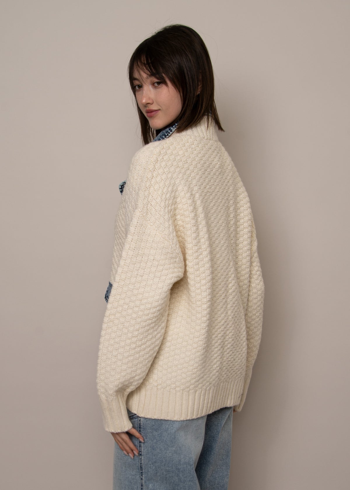 RD STYLE Monet Long Sleeve Shawl Neck Denim Combo Cardigan