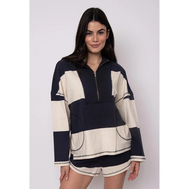 RD STYLE Camille YD Stripe Heavy Jersey LS Half Zip Top