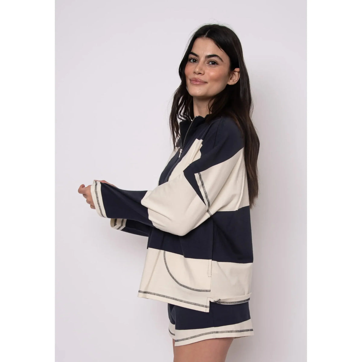 RD STYLE Camille YD Stripe Heavy Jersey LS Half Zip Top