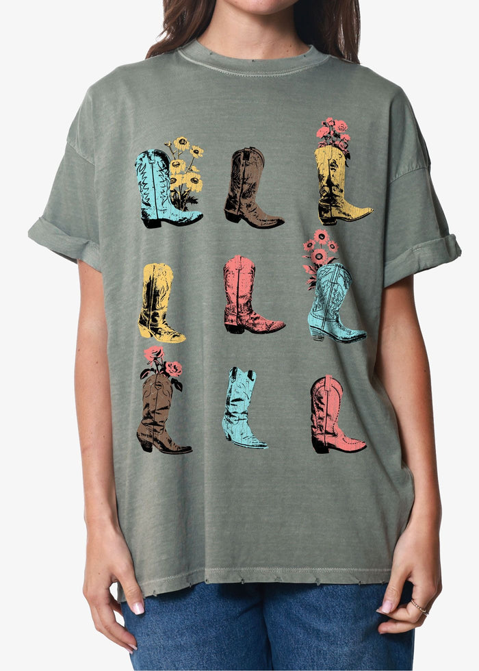GIRL DANGEROUS Cowboy Boots & Flowers Boyfriend Tee