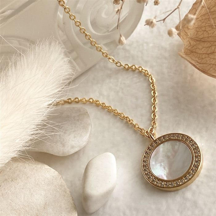 Portal- Round Mother of Pearl Pavé Charm Necklace