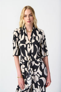 Black/Moonstone Abstract Print Front Tie Blouse