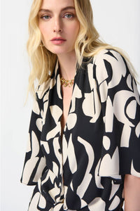Black/Moonstone Abstract Print Front Tie Blouse