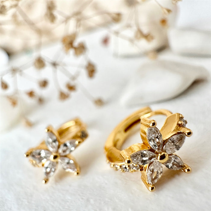 PIKA & BEAR Minata - Rhinestone Flower Hoop Earrings in Gold Plated Sterling Silver