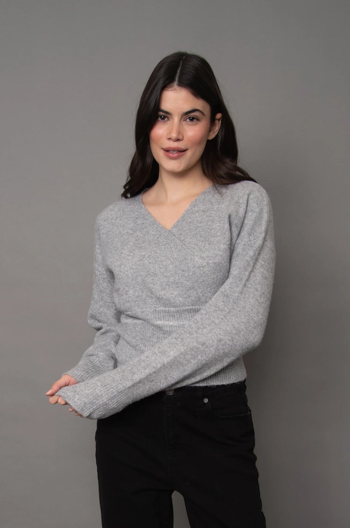 RD STYLE - Othella Long Sleeve Wrap Neck Pull Over - Grey