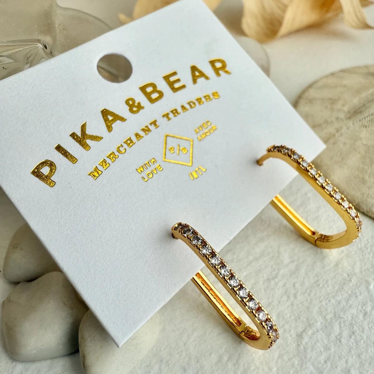 PIKA & BEAR - Bialto - Oblong Rhinestone Hoop Earrings - Gold