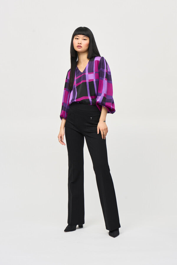 Satin Abstract Plaid Print Top Style