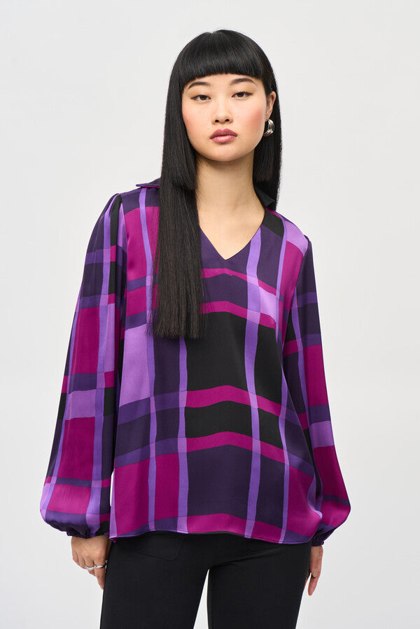 Satin Abstract Plaid Print Top Style