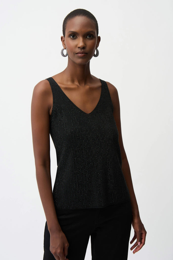 Metallic Knitted Camisole With Rhinestones - Black