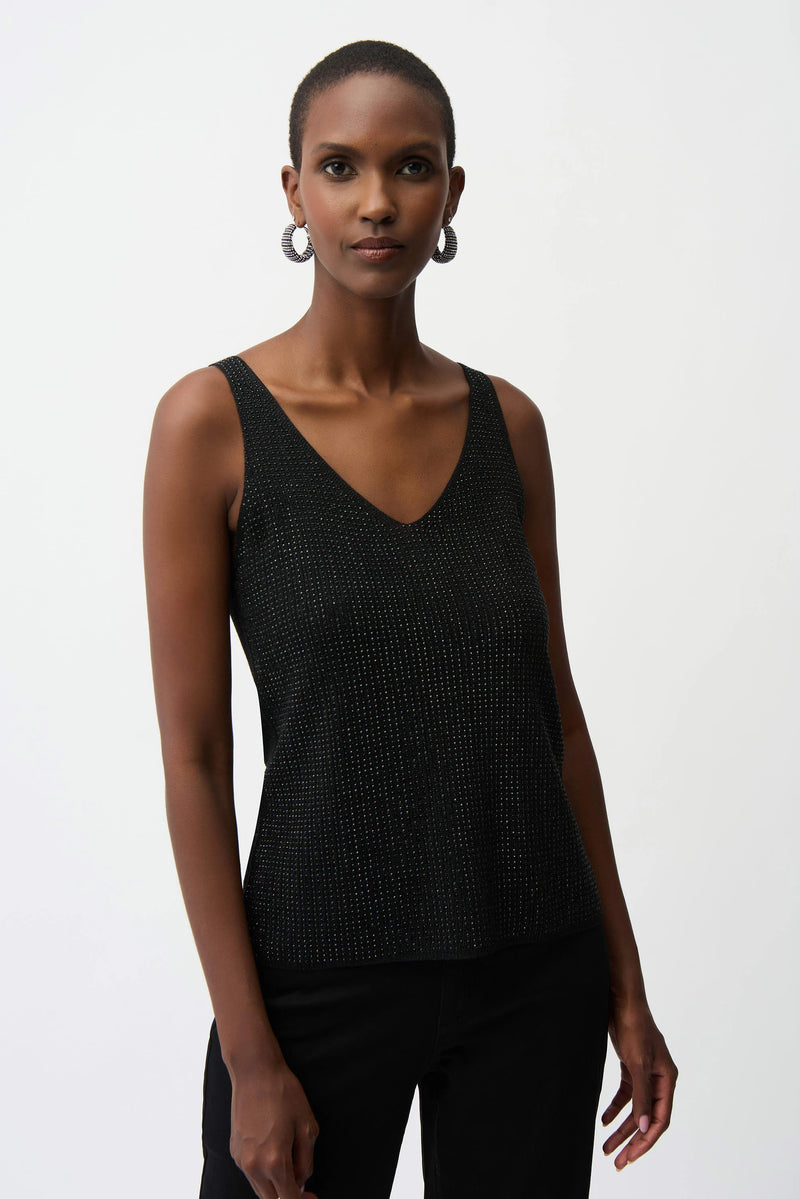 Metallic Knitted Camisole With Rhinestones - Black