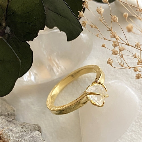 Vanessa- Raw Clear Crystal With Hammered Band Ring In Gold Vermeil